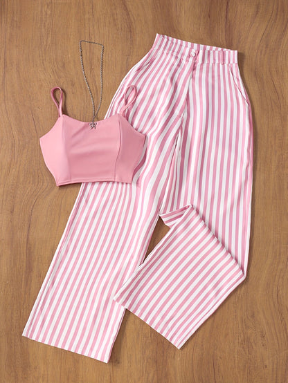 Women's Two-Piece Set – Fashionable Summer Look with Striped Pants and Bustier Top, Ideal for Garden Parties & Leisure