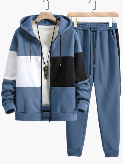 Herren Freizeit Trainingsanzug mit Kapuze – Sportlicher Patchwork-Look für Alltag und Fitness
