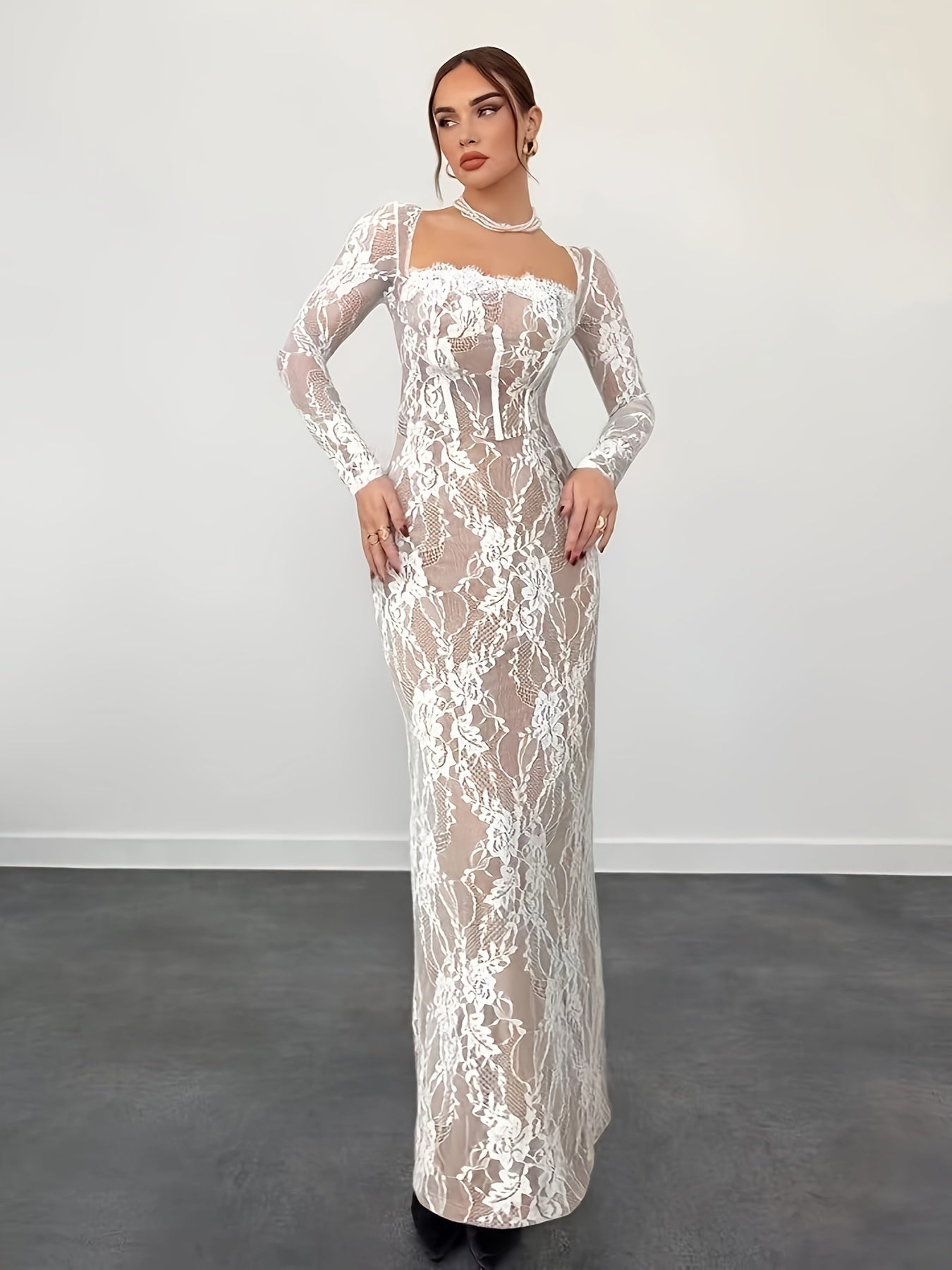 Women's Elegant Bodycon Evening Dress with Lace and Long Sleeves – Perfect for Special Occasions