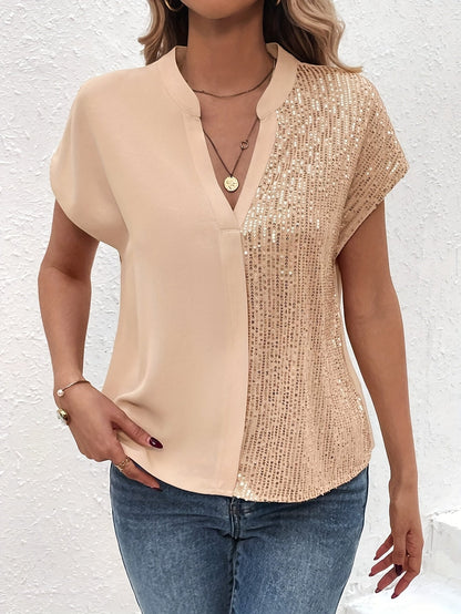 Women's Elegant Blouse with Sequins and V-Neck – Perfect for Office and Everyday Wear