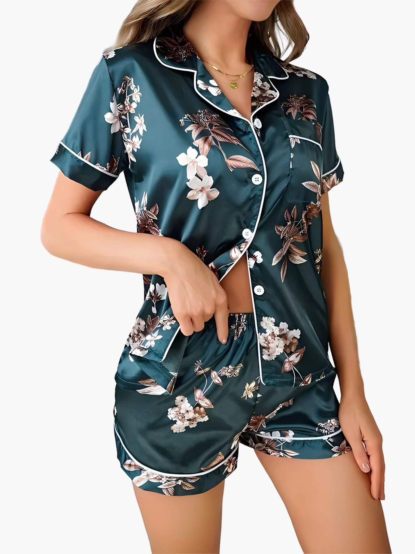 Damen Satin-Pyjama-Set mit Blumenmuster – Elegante Sommer Nachtwäsche im zweiteiligen Stil