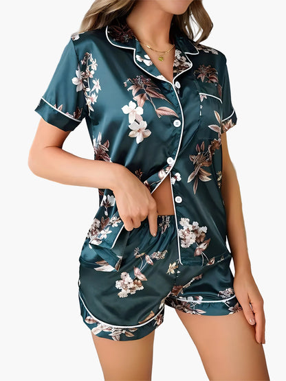 Damen Satin-Pyjama-Set mit Blumenmuster – Elegante Sommer Nachtwäsche im zweiteiligen Stil
