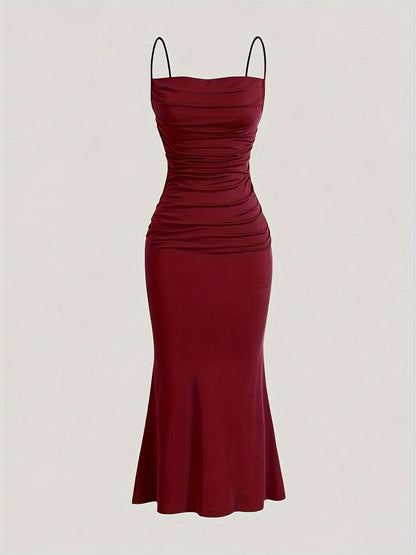 Women's evening dress with spaghetti straps and figure-flattering ruching – elegant maxi dress for festive occasions