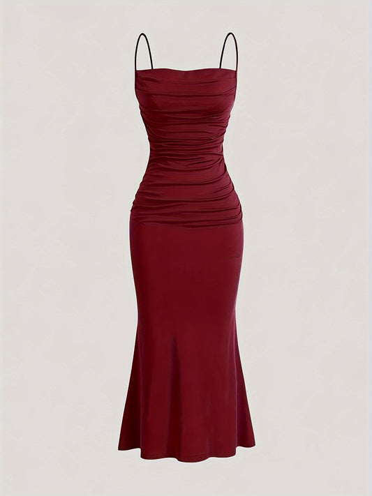 Women's evening dress with spaghetti straps and figure-flattering ruching – elegant maxi dress for festive occasions