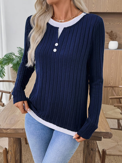 Damen Langarmshirt Gerippt Marineblau Henley-Ausschnitt
