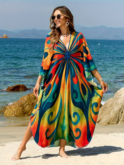 Women's Kaftan Maxi Dress – Boho Beach Tunic with Tie-Dye Pattern, Ideal as Summer Cover-Up