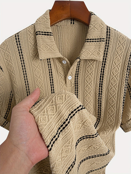 Herren Kurzarm Polohemd mit vertikalen Streifen und geometrischem Muster – Modernes Freizeit- und Sommerhemd