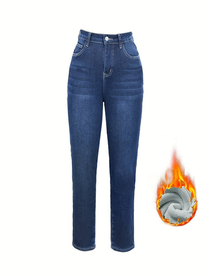 Gefütterte Damen Jeans Dunkelblau mit Hohem Bund