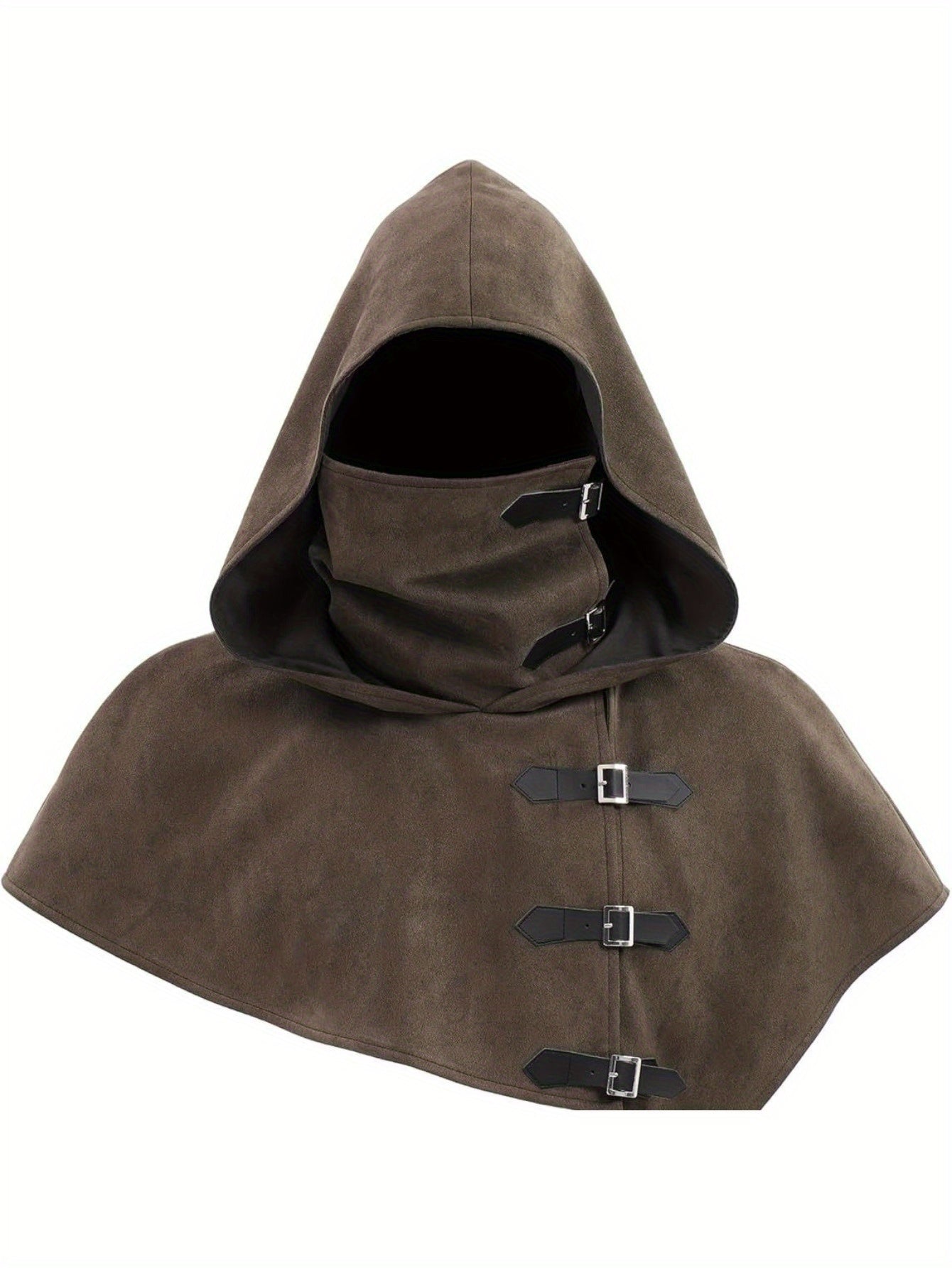 Hooded cape with buckles and neck protection