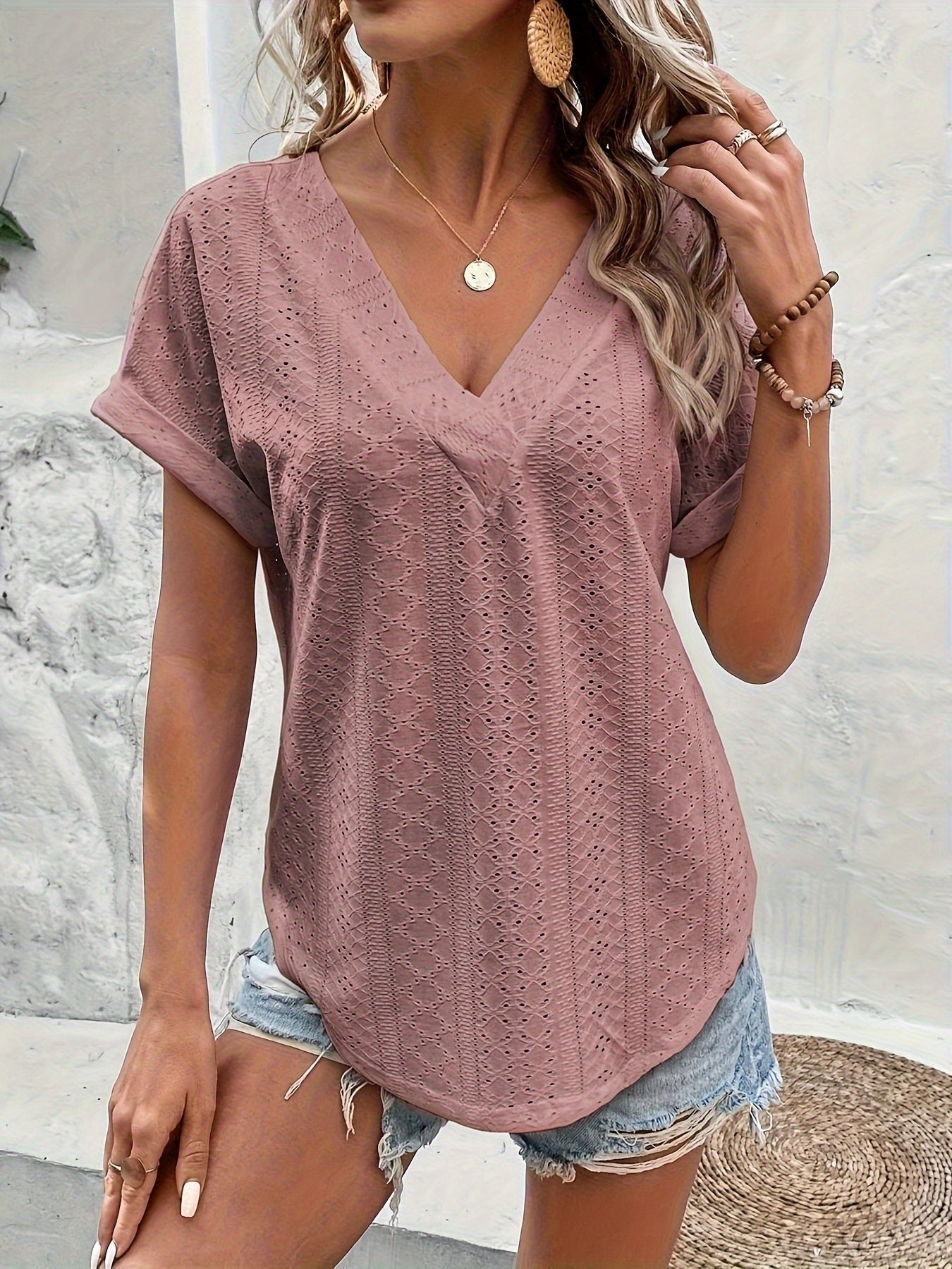 Women's Elegant V-Neck Blouse with Eyelet Pattern for Everyday and Leisure