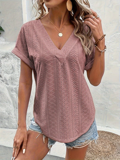 Women's Elegant V-Neck Blouse with Eyelet Pattern for Everyday and Leisure
