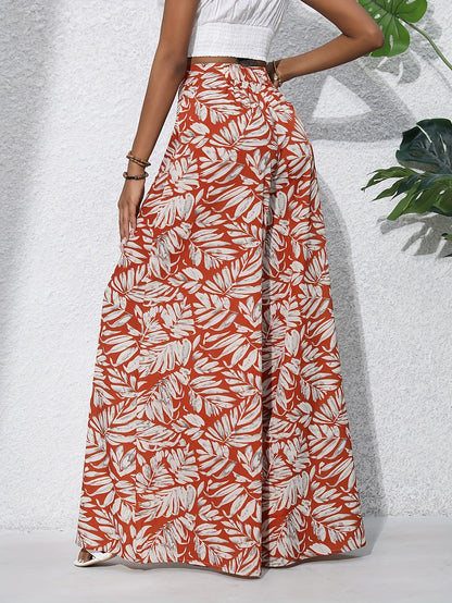 Women's Wide Summer Pants with Tropical Leaf Pattern – Fashionable Palazzo Pants for Beach and Leisure