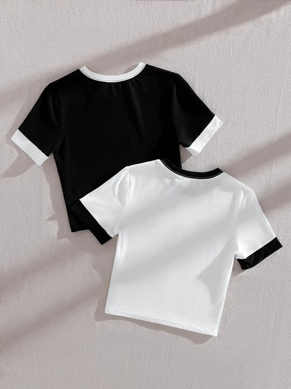 Women's T-Shirt Set in Colorblock Design, Short Sleeve, Modern & Casual – Perfect for Everyday and Leisure