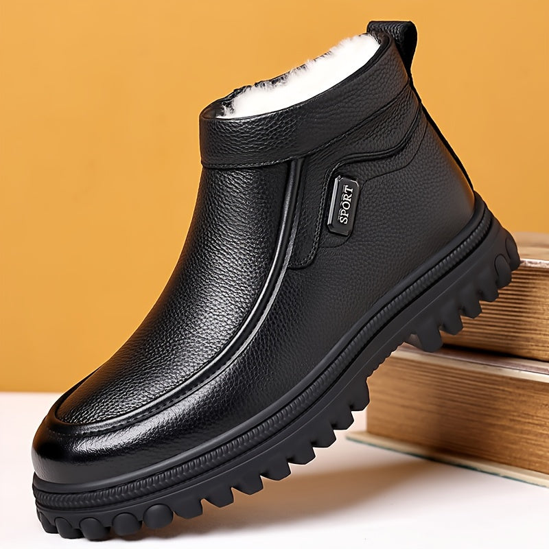 Men's black winter boots, lined, with a zipper and lug sole