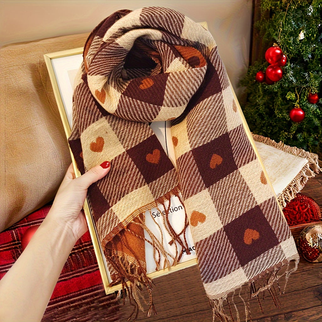 Plaid scarf with a heart pattern and fringes, brown women’s scarf