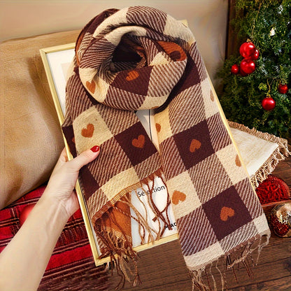 Plaid scarf with a heart pattern and fringes, brown women’s scarf