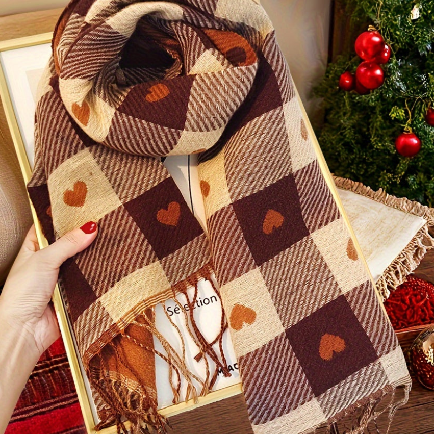 Plaid scarf with a heart pattern and fringes, brown women’s scarf