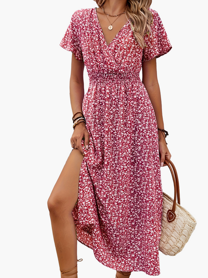 Damen Sommerkleid Elegant mit V-Ausschnitt und Blumenmuster – Perfekt für Freizeit, Urlaub und Alltag