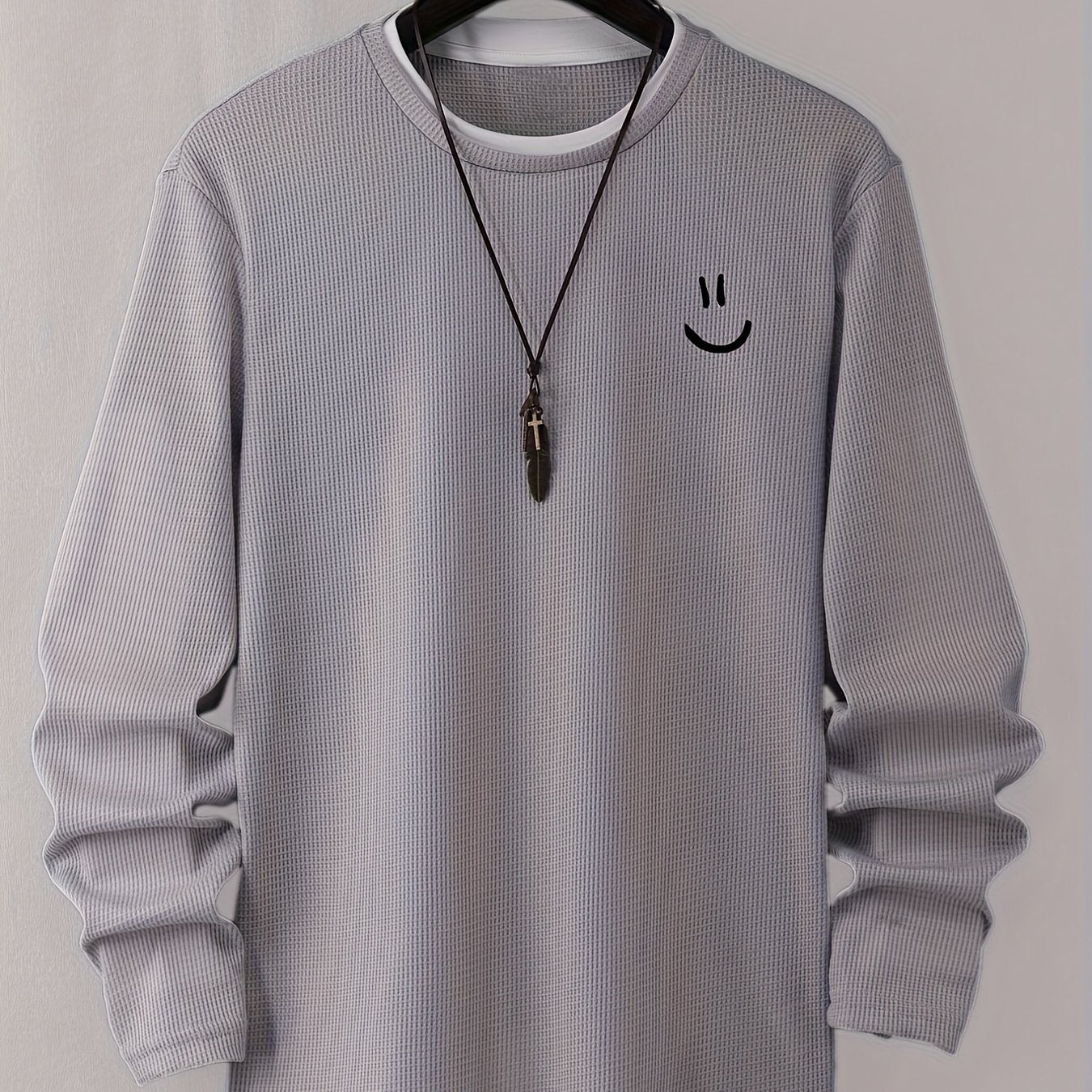 Unisex Langarmshirt Waffelstrick Smiley Print Rundhals Grau