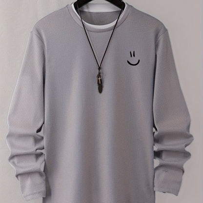 Unisex Langarmshirt Waffelstrick Smiley Print Rundhals Grau