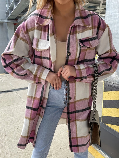 Women's Long Checked Oversize Shacket in Casual Look for Spring and Autumn