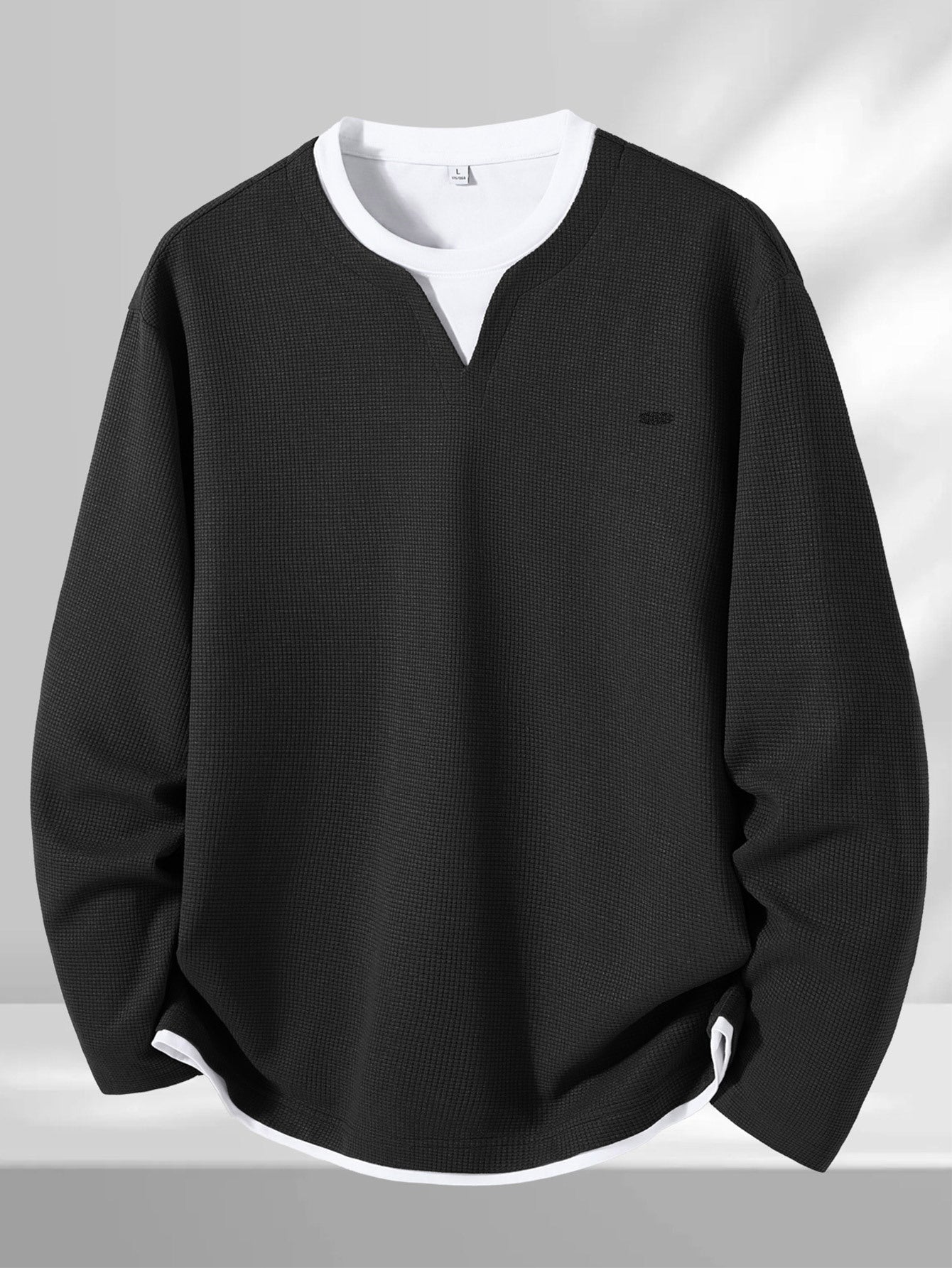 Men's Long-Sleeve Sweater, Waffle Texture, V-Neck, Two-Layer Look, Gray/Black
