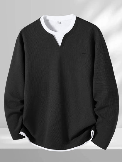 Men's Long-Sleeve Sweater, Waffle Texture, V-Neck, Two-Layer Look, Gray/Black