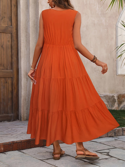 Women's Summer Maxi Dress Elegant with Tiered Skirt and V-Neck – Perfect for Leisure & Vacation