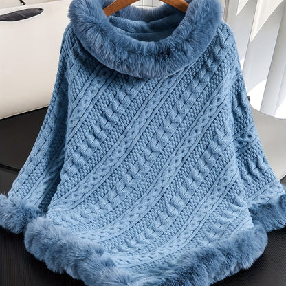 Poncho Damen Strick Zopfmuster mit Kunstpelzbesatz Marineblau