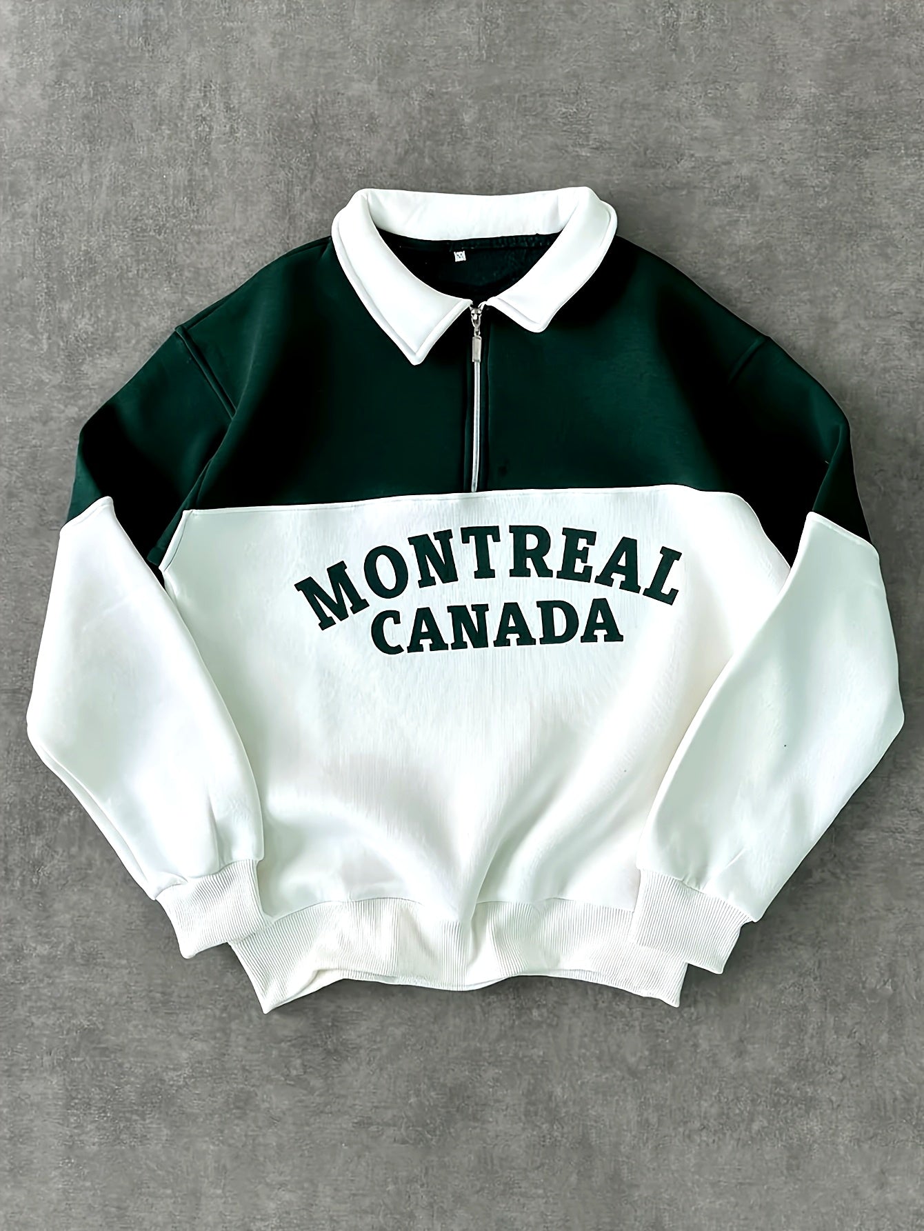 Unisex long-sleeve sweatshirt with collar, zipper, and “Montreal Canada” print – Green/White
