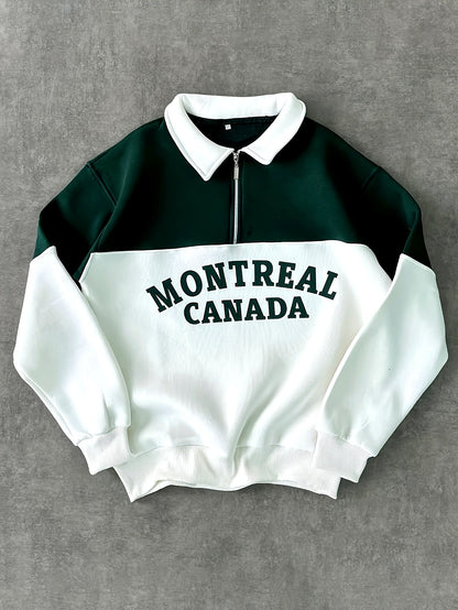 Unisex long-sleeve sweatshirt with collar, zipper, and “Montreal Canada” print – Green/White