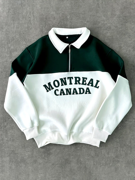 Unisex Langarm Sweatshirt mit Kragen, Reißverschluss und "Montreal Canada" Aufdruck – Grün/Weiß