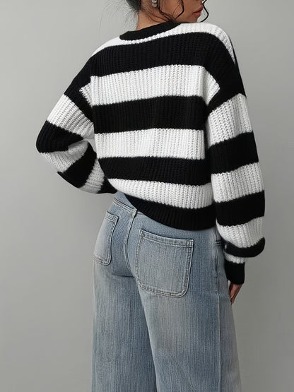 Women's knitted sweater, black and white striped, crew neck, loose fit
