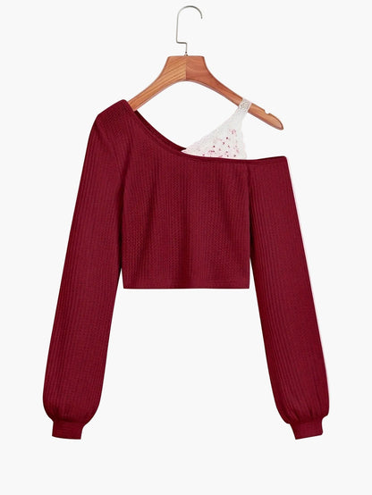 Women's One-Shoulder Sweater with Lace Detail – Fashionable Knit Pullover for Everyday and Leisure Wear