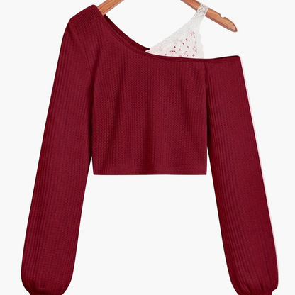 Women's One-Shoulder Sweater with Lace Detail – Fashionable Knit Pullover for Everyday and Leisure Wear
