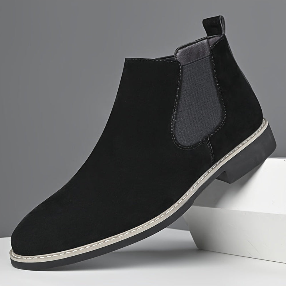 Men's Chelsea boots in faux suede with elastic inserts, brown and black