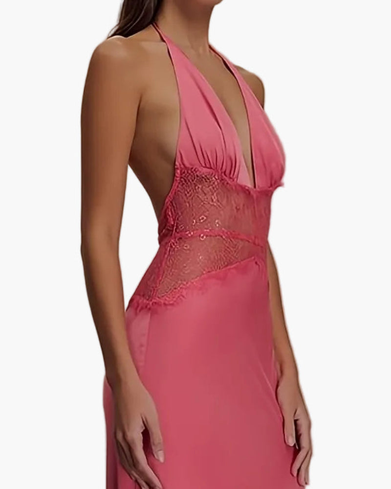 Women's Elegant Fit & Flare Evening Dress with Lace and Deep V-Neck, Floor-Length for Special Occasions