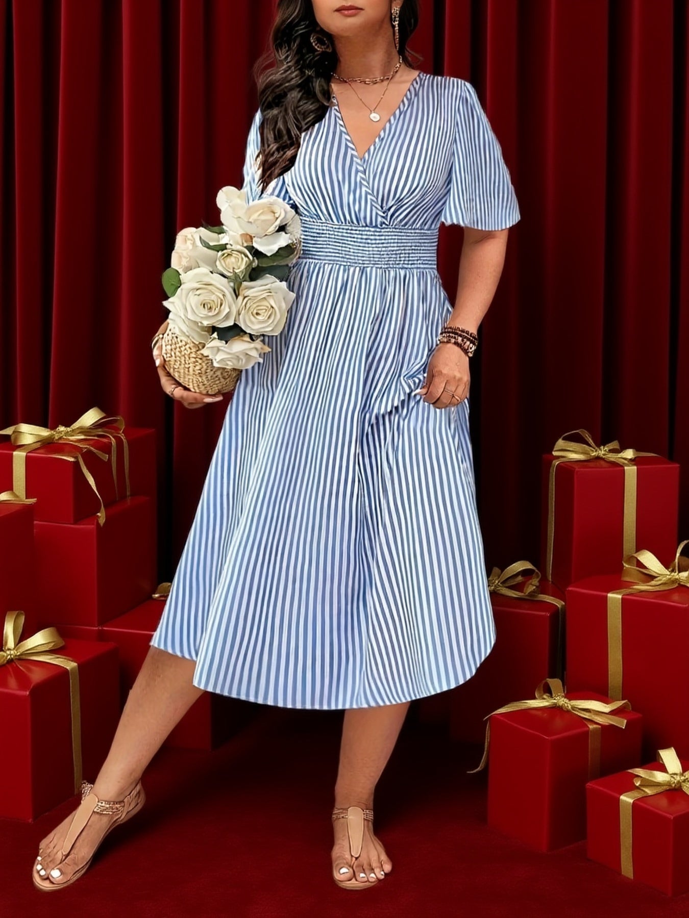 Women's Elegant Striped Midi Dress with V-Neck and Waist Accent for Festive Occasions