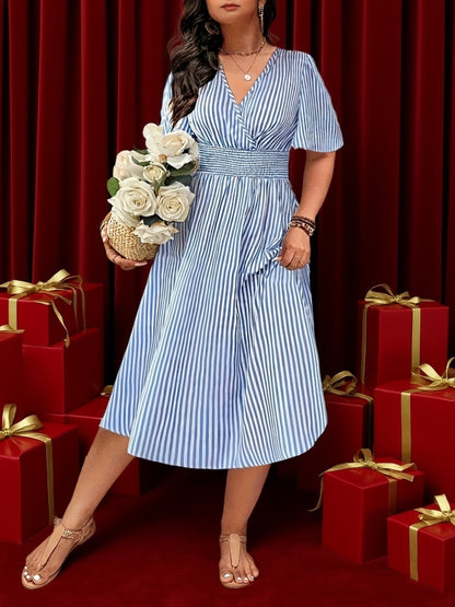 Women's Elegant Striped Midi Dress with V-Neck and Waist Accent for Festive Occasions