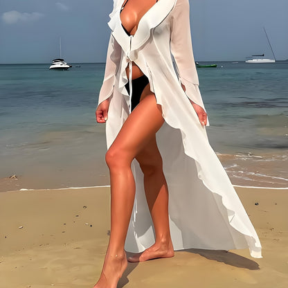 Women's beach kimono with ruffles, elegant cover-up for vacation and leisure