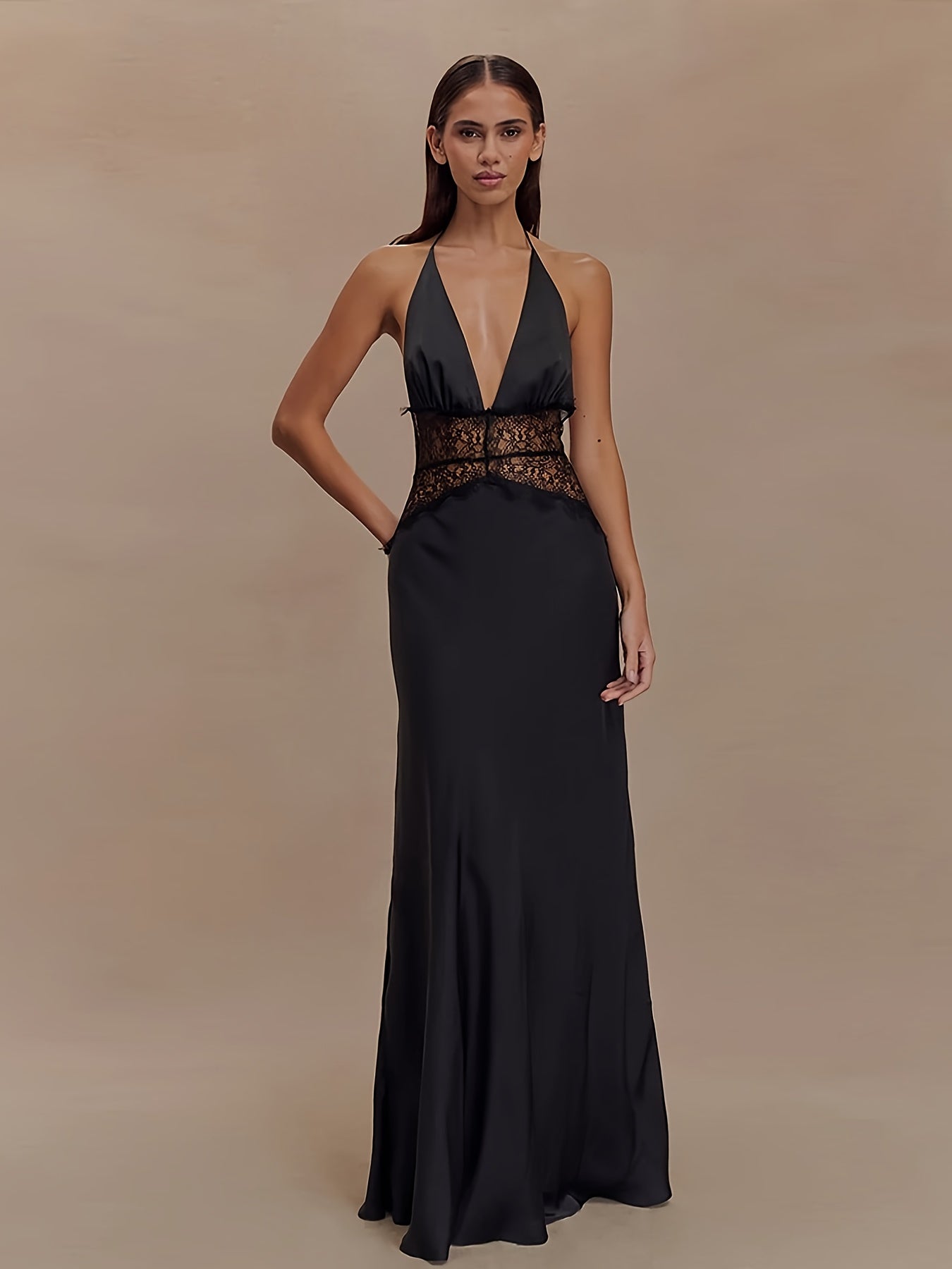 Women's Elegant Fit & Flare Evening Dress with Lace and Deep V-Neck, Floor-Length for Special Occasions