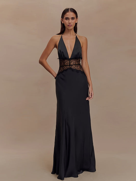 Women's Elegant Fit & Flare Evening Dress with Lace and Deep V-Neck, Floor-Length for Special Occasions