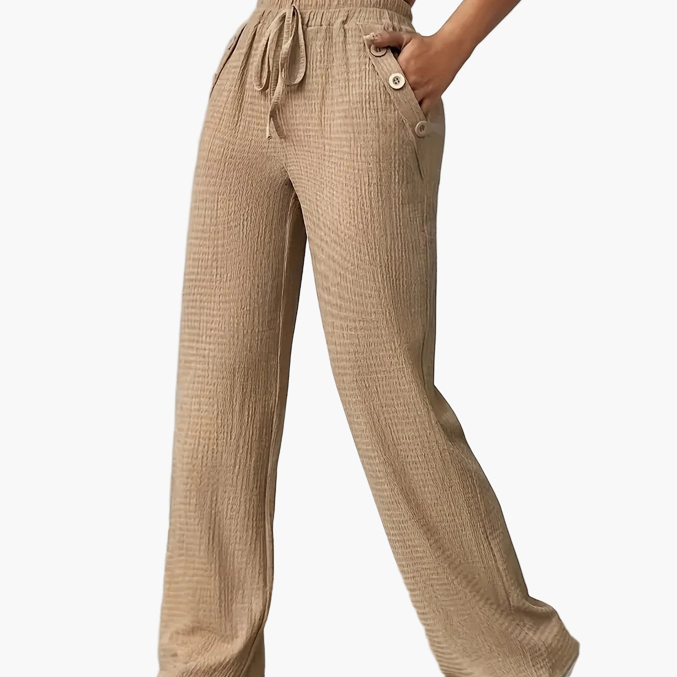 Women's Straight Leg Casual Pants with Button Details and Drawstring – Ideal for Everyday and Leisure