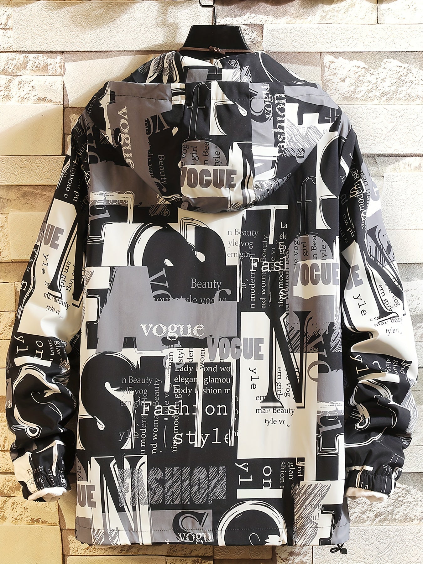 Unisex hooded jacket with all-over print, zip-up windbreaker, red, black, white
