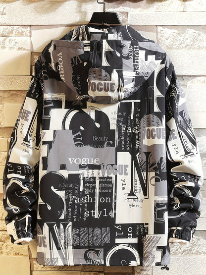 Unisex hooded jacket with all-over print, zip-up windbreaker, red, black, white