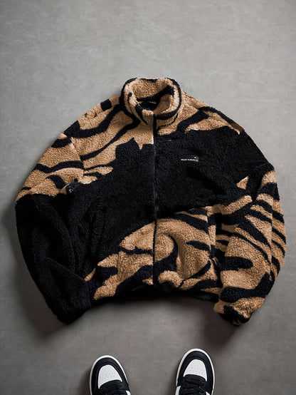 Unisex fleece jacket with stand-up collar, zipper, and animal print