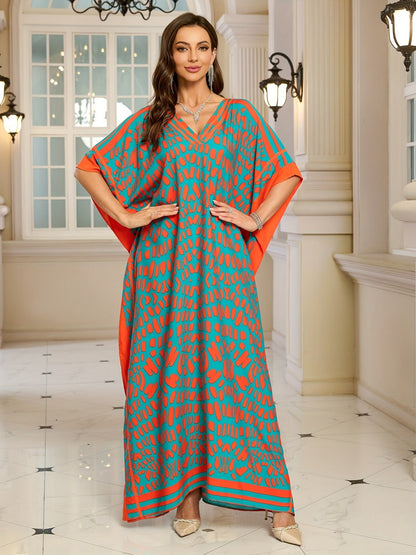 Women's Boho Kaftan Maxi Dress with V-Neck – Elegant Casual Dress for Summer and Vacation