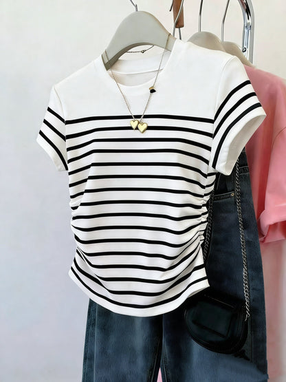 Women's striped T-shirt with ruching – Elegant casual style for summer
