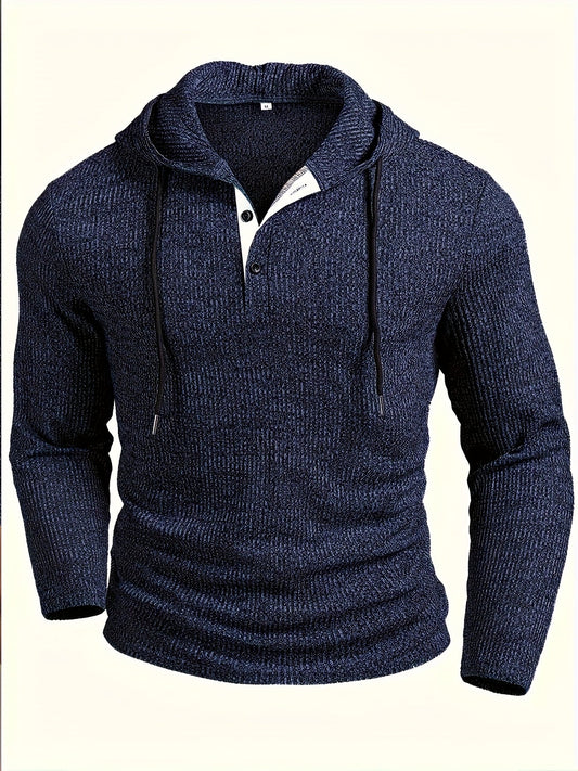 Herren Strickpullover Hoodie Dunkelblau Gerippt mit Knopfleiste