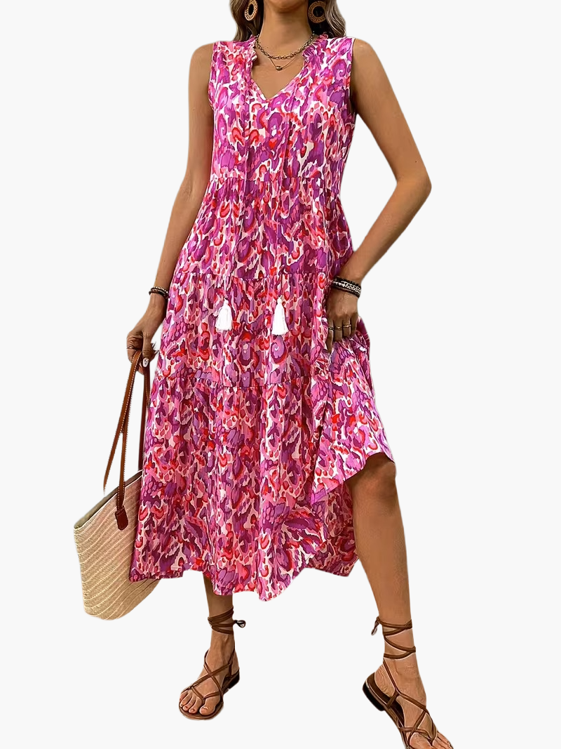 Women's Summer Dress Elegant Sleeveless with Allover Print and Tassels for Leisure and Vacation